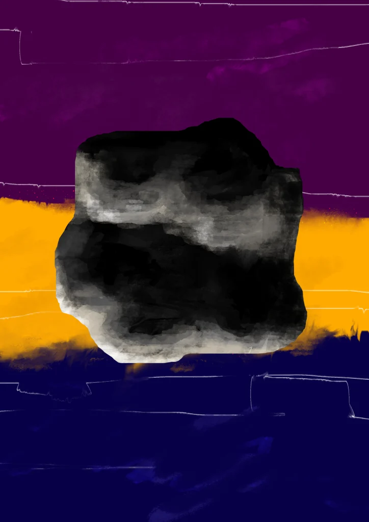 派手な色の背景に黒い物体が配置され、下から光で照らされている絵
